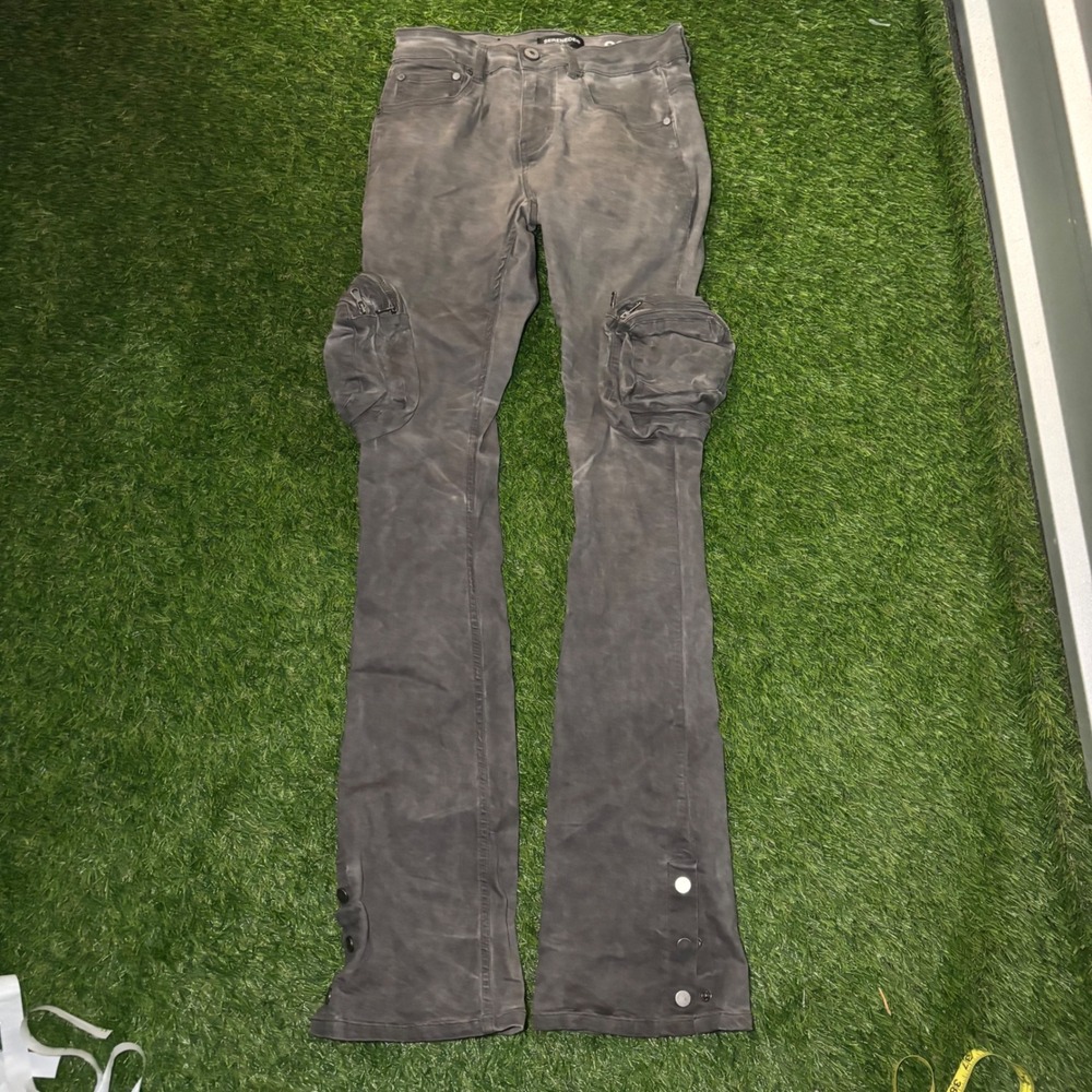 Serenede Stacked Denim Cargo Pants Mens 28 Grey Washed Slim Fit Flare Split Hem